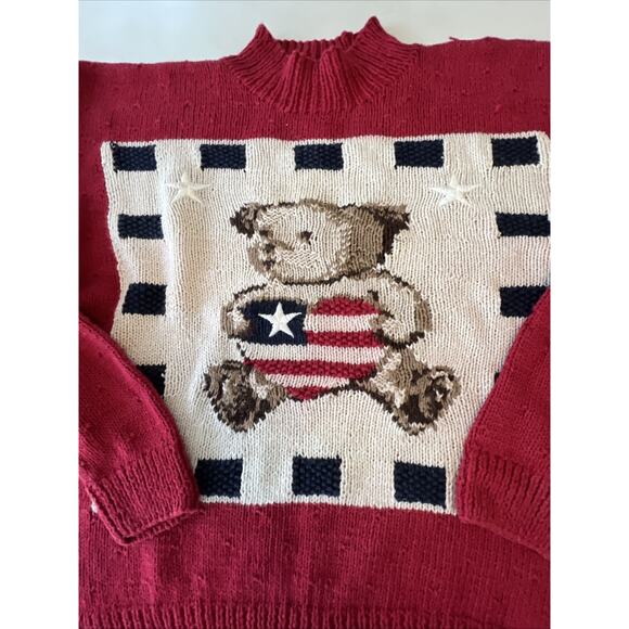 Talbots Women’s Knit Sweater Bear American Flag Size Large Petite Patriotic READ - Picture 2 of 15